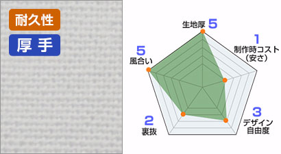 10番天竺生地情報：生地厚5/風合い5/裏抜2/デザイン自由度3/製作時コスト（安さ）1