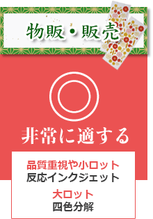 物販・販売：非常に適する（品質重視や小ロット：反応インクジェット、大ロット：四色分解）