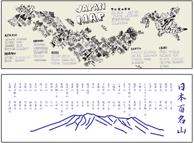 観光地の名前や温泉のマップ、山の名前をデザインした記念のご当地手ぬぐい